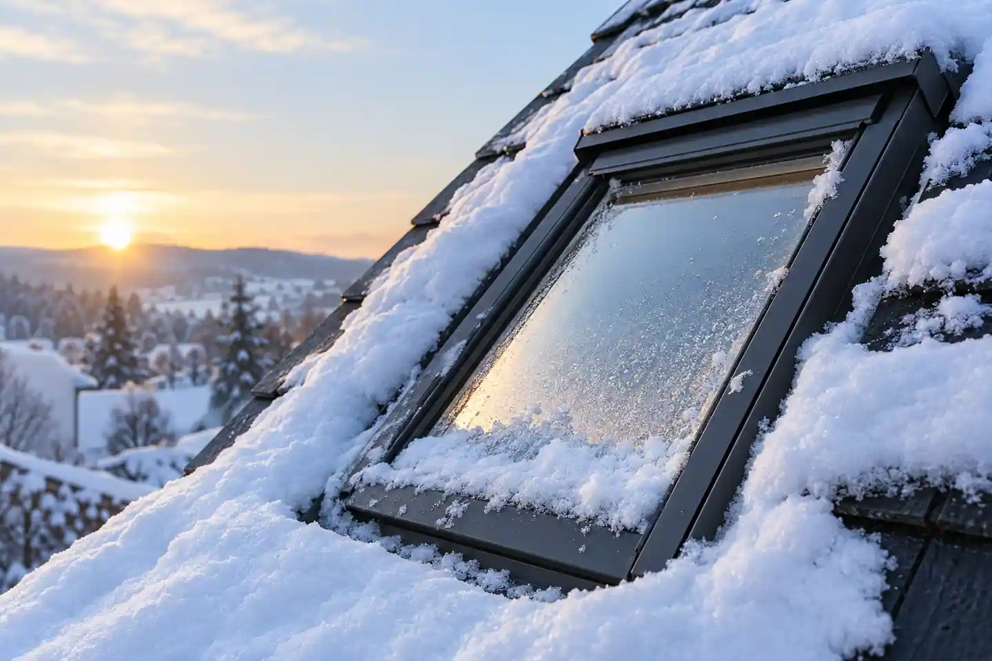 Fenêtre de toit installée sur une toiture enneigée en hiver, avec présence de neige et de givre autour du vitrage, illustrant les précautions à prendre par temps froid.
