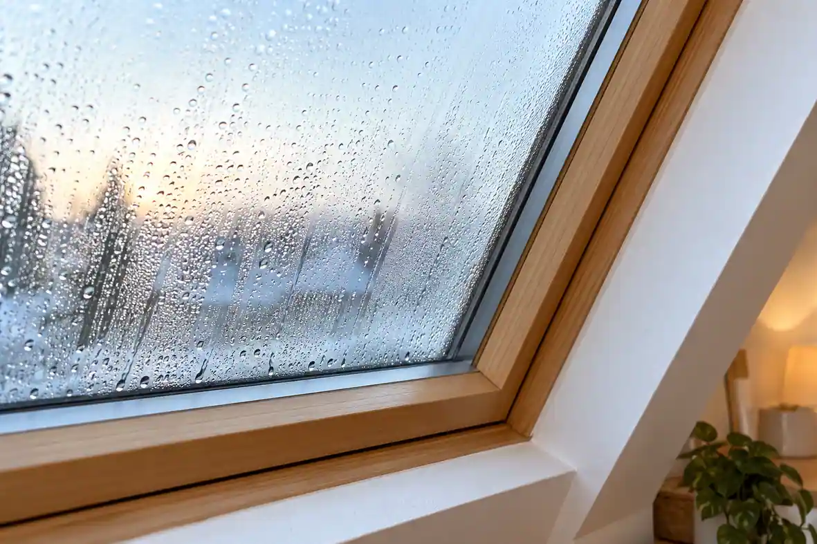 buée fenêtre de toit, humidité fenêtre de toit, condensation Velux, condensation double vitrage, fenêtre de toit humidité, isolation fenêtre de toit, ventilation combles, condensation toiture