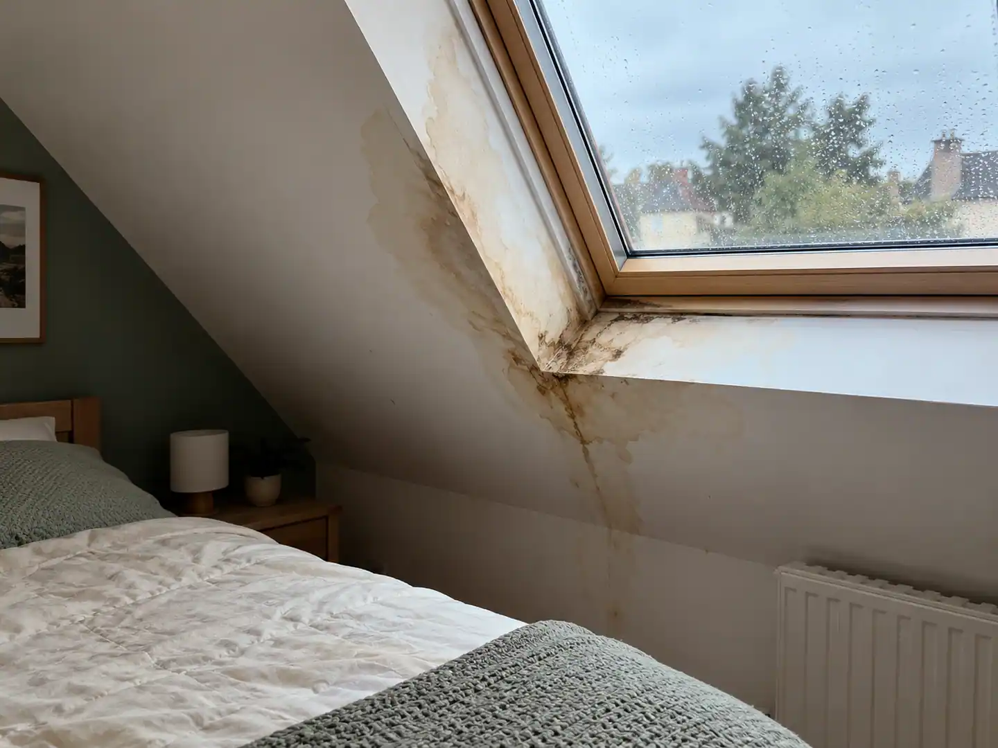 Fenêtre de toit qui fuit avec auréole d'humidité sur l'habillage en plaque de plâtre d'une chambre sous combles